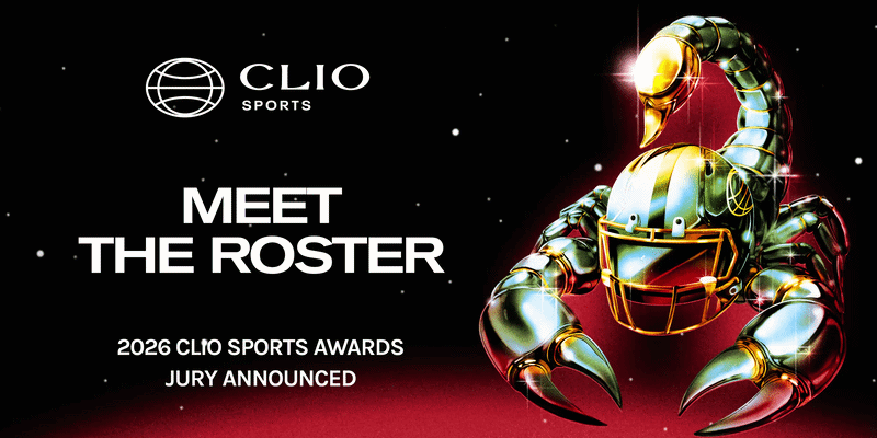 Meet the roster: CLIO Sports Awards 2026 jury announced poster with a metallic crab graphic on dark space background.