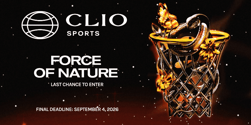 CLIO Sports promotional banner for Force of Nature, showing the logo, the title, the deadline, and a sculpted hoop with flowers against a dark starry background.